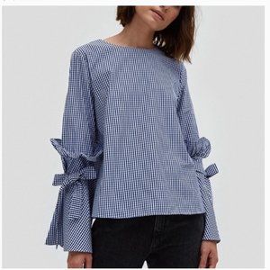 NWT Farrow Gingham Long Sleeve Bell Sleeve Blouse White Blue